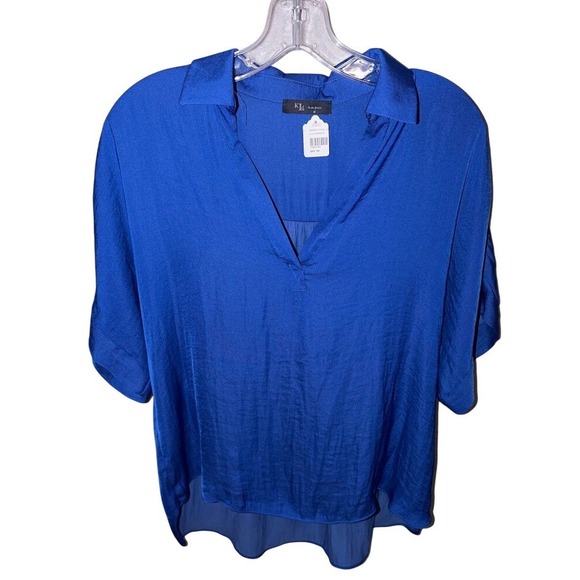 Karen Kane Tops - KLd by Karen Kane Womens Blue V-Neck Short Sleeve High Low‎ Blouse Top M KD44562